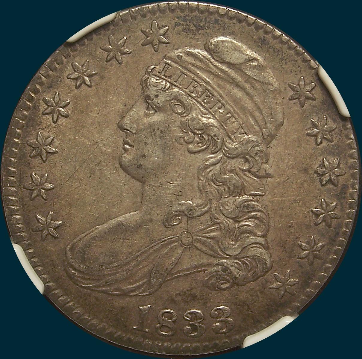 1833 O-113, capped bust half dollar