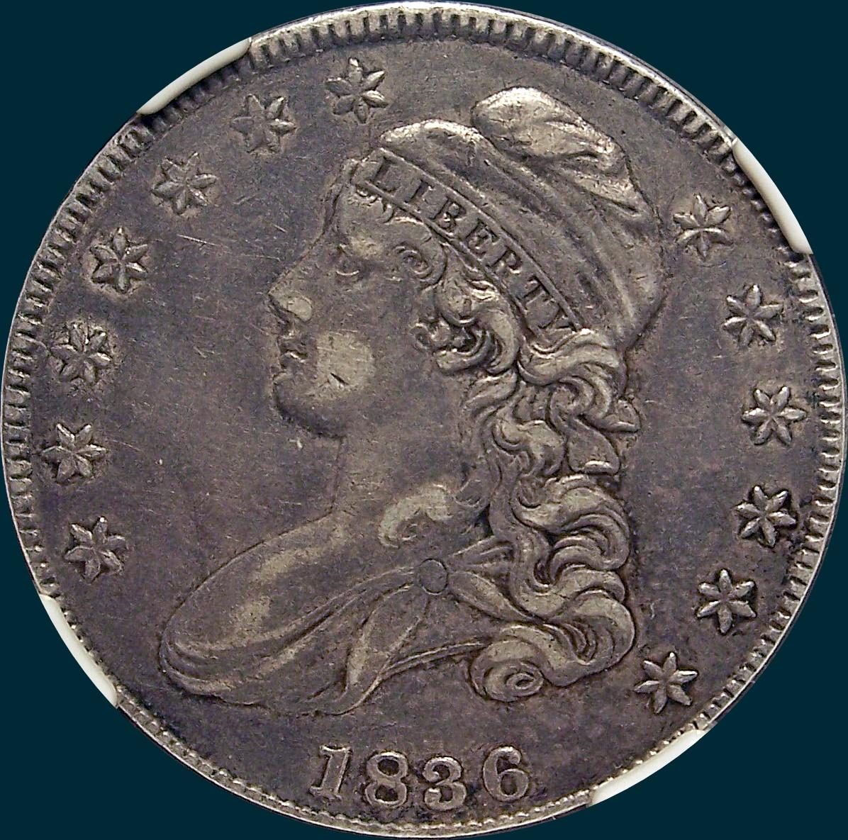 1836 O-120, capped bust half dollar