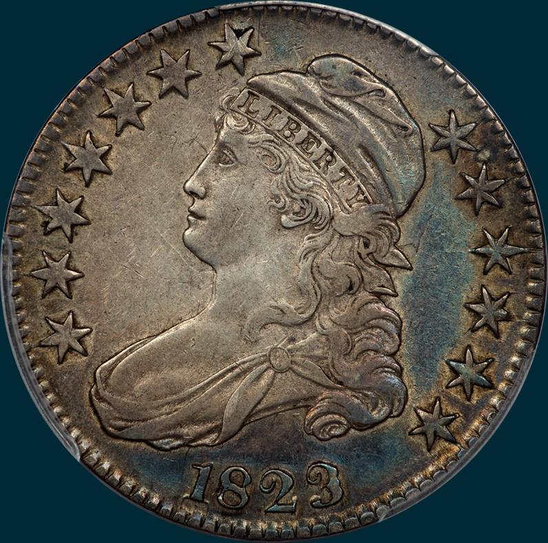 1823 O-110a, ugly 3, capped bust half dollar