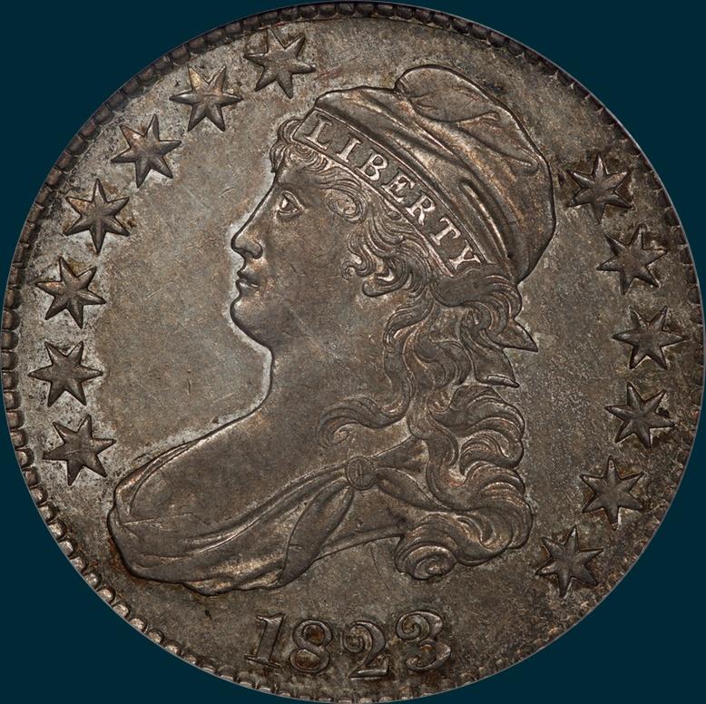 1823 O-108, capped bust, half dollar