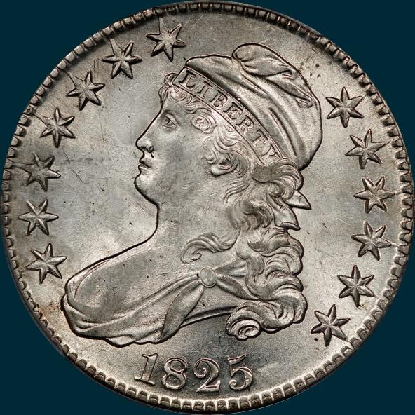 1825 O-104, capped bust half dollar