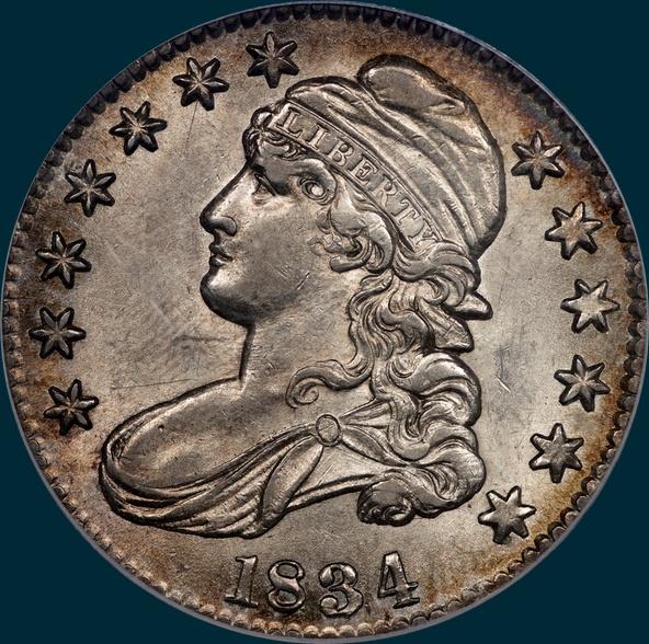 1834 O-102, capped bust half dollar