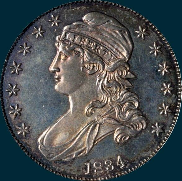 1834, O-122, Crushed Letter Edge, Capped Bust Half Dollar