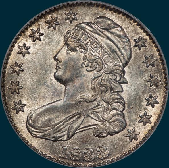1833 O-109, capped bust half dollar