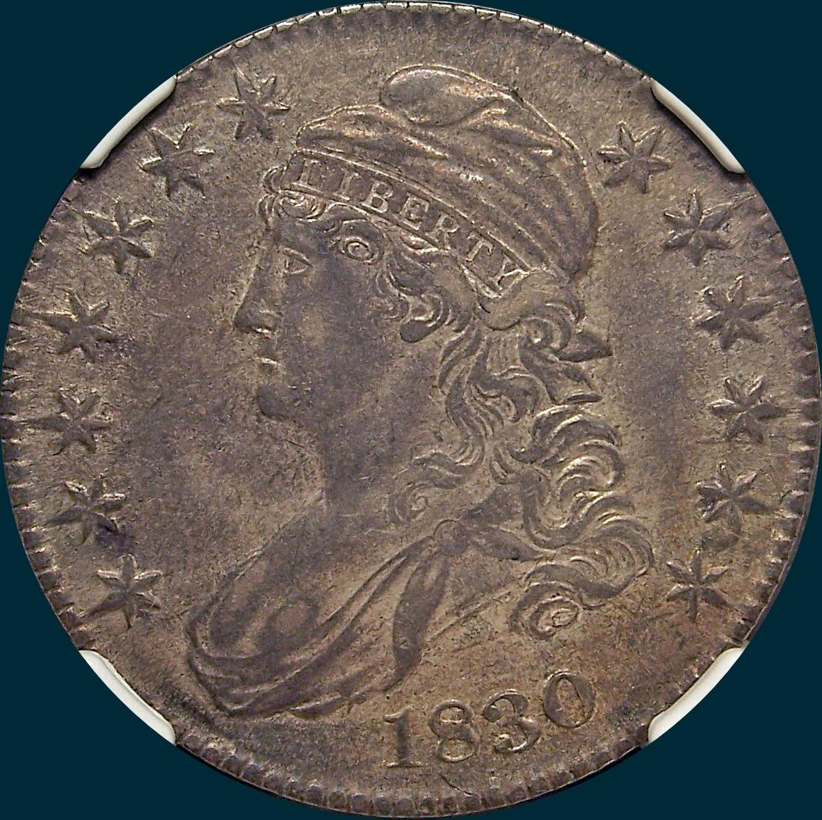 1830 O-108, small 0, capped bust half dollar