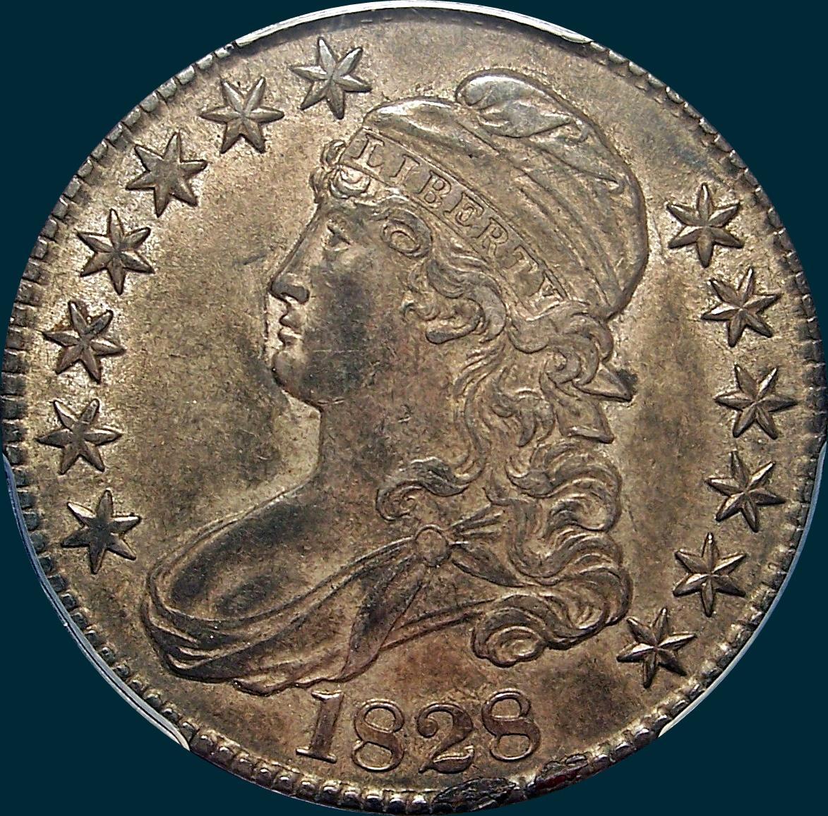 1828, O-107, Curl Base 2, Knob, Capped Bust, Half Dollar