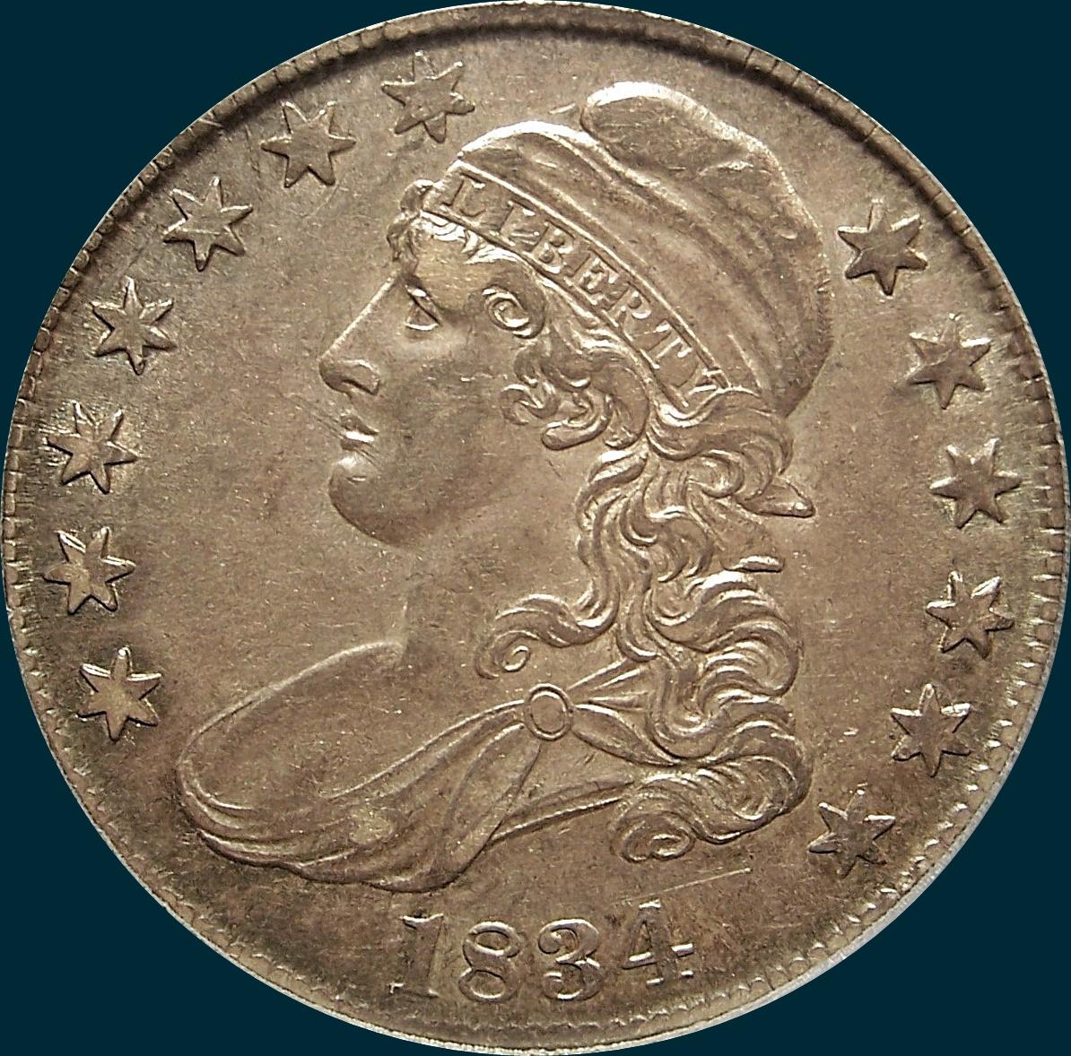 1834 O-108, capped bust half dollar