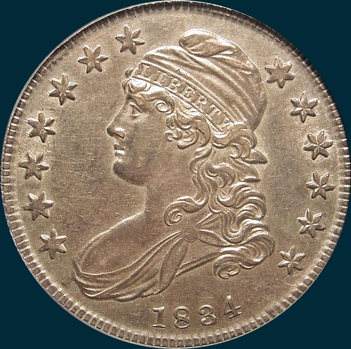 1834 O-110, capped bust half dollar