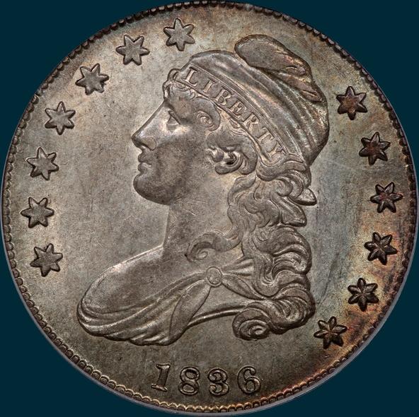 1836 O-106, beaded Border reverse, capped bust half dollar