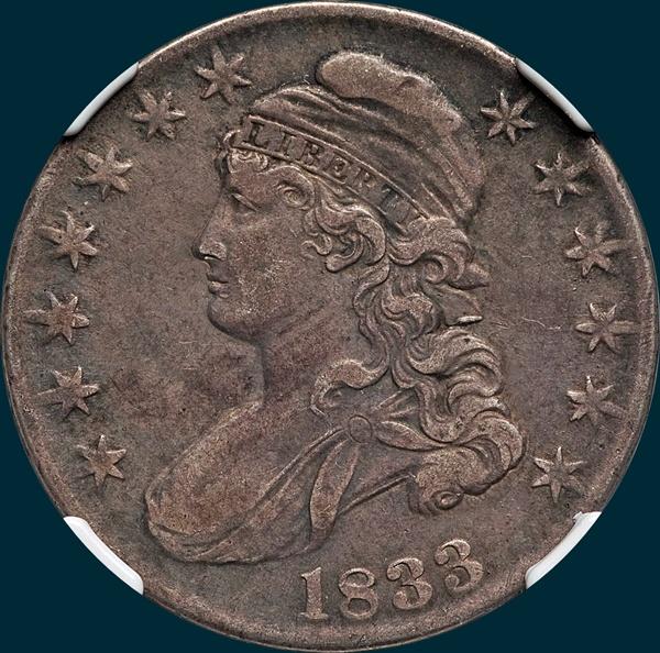 1833 O-115, capped bust half dollar