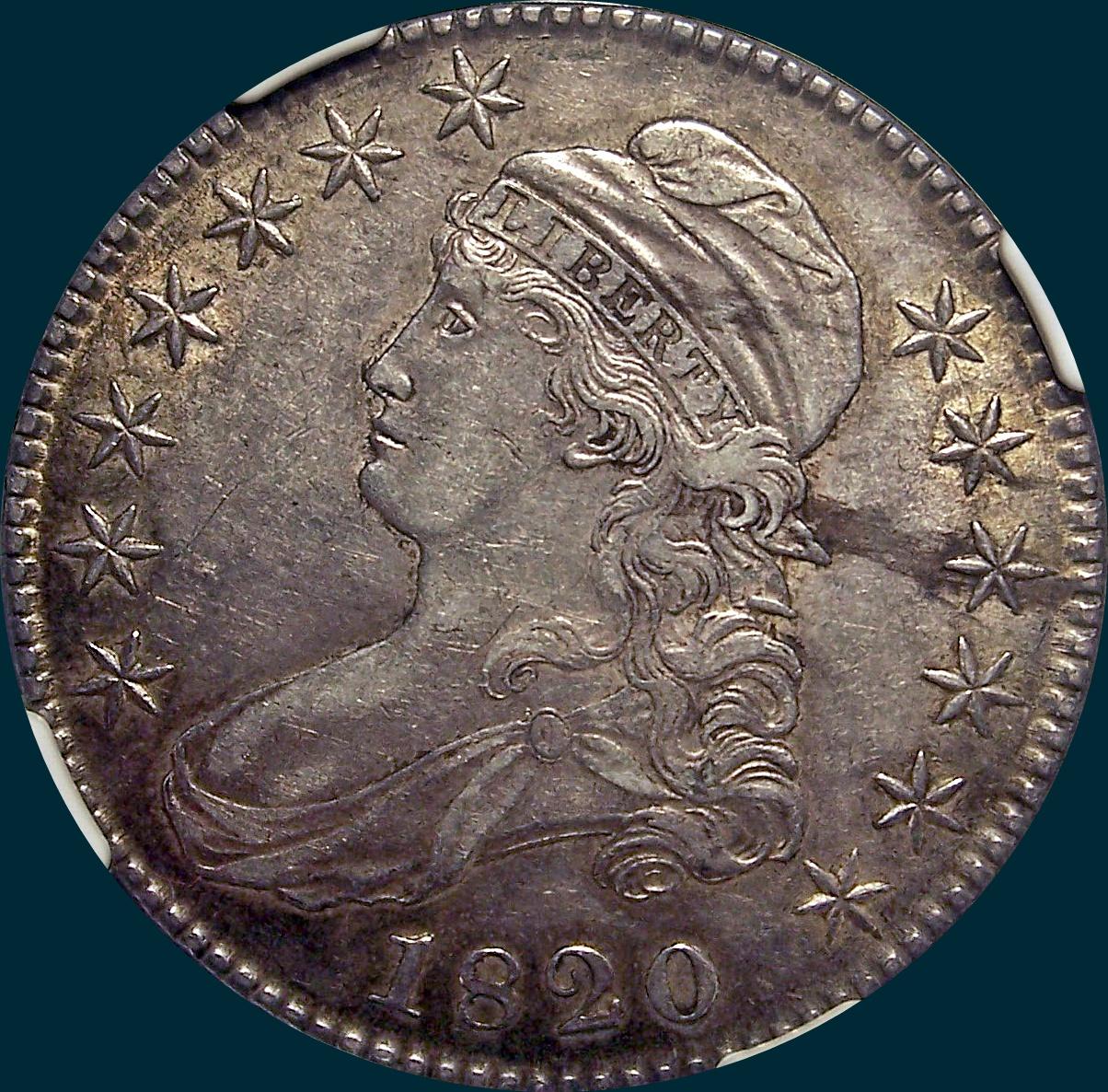 1820 O-108, no knob 2, capped bust half dollar