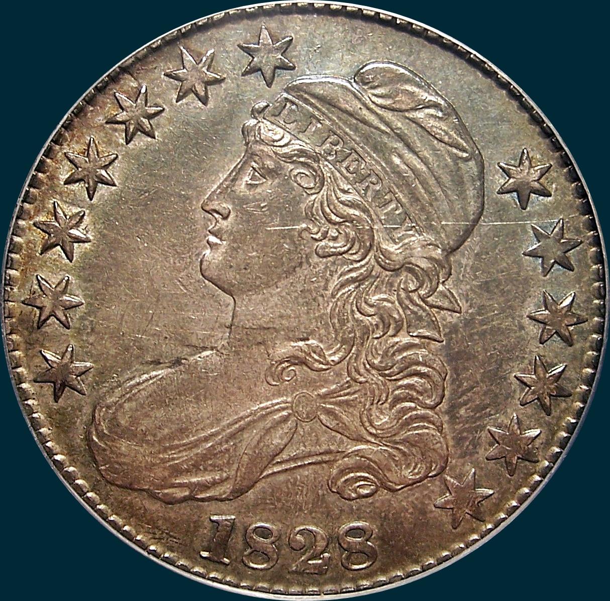 1828 O-122, small 8's large letters, capped bust half dollar