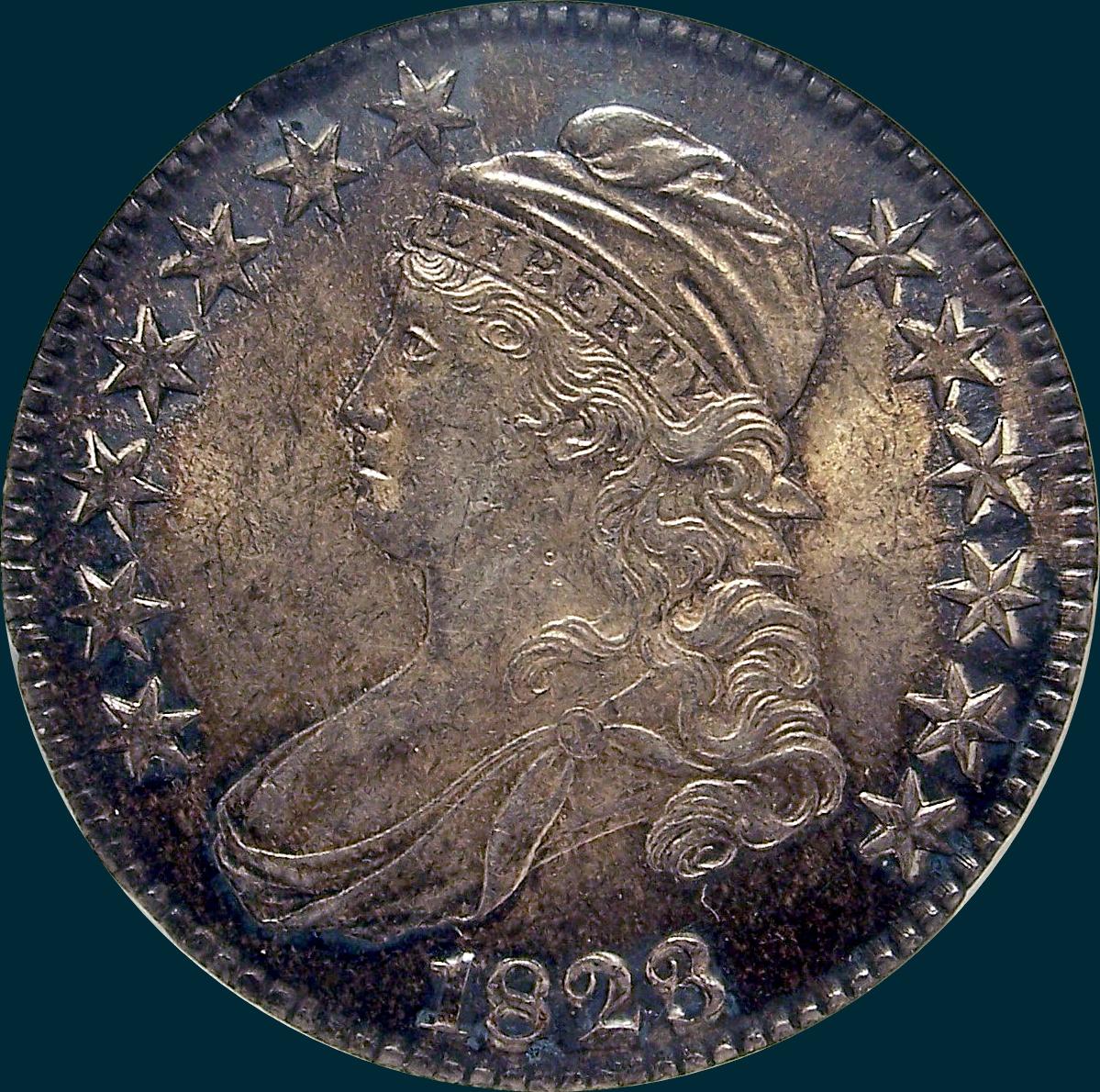 1823 O-103, capped bust, half dollar