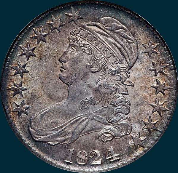 1824, O-110a, 4 recut over 4, Capped Bust, Half Dollar