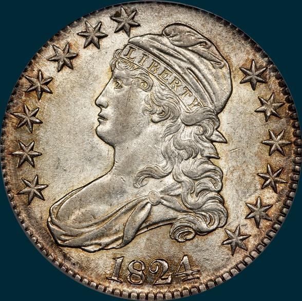 1824 O-104, capped bust half dollar