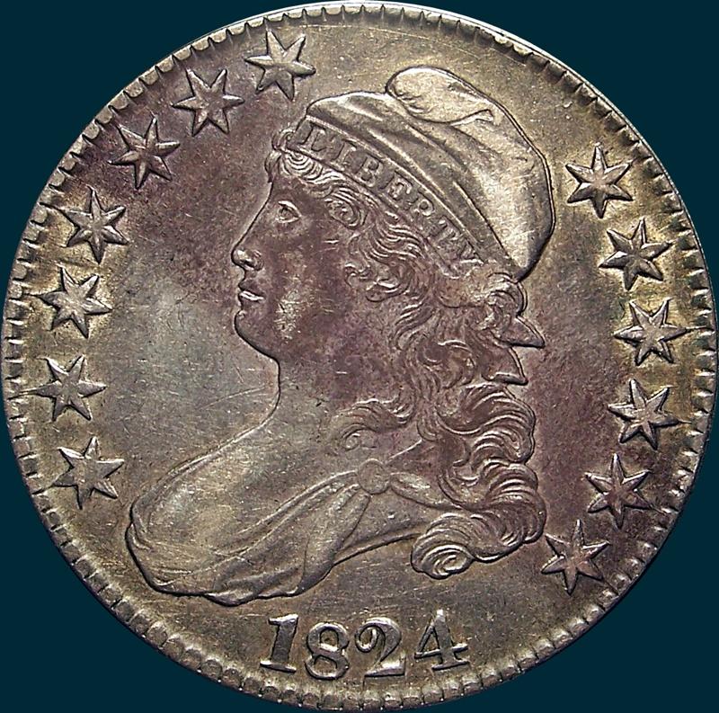 1824 O-108, capped bust half dollar