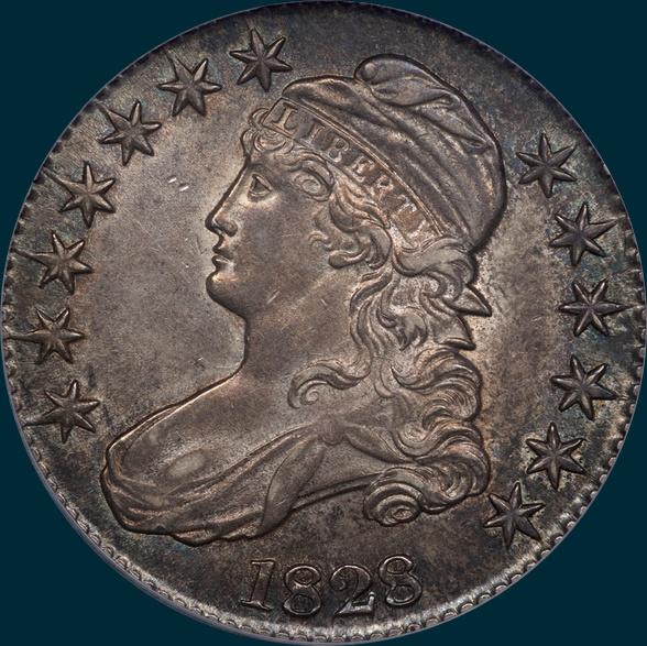 1828 O-121, large 8's large letters, capped bust half dollar