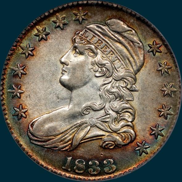 1833 O-102, capped bust half dollar