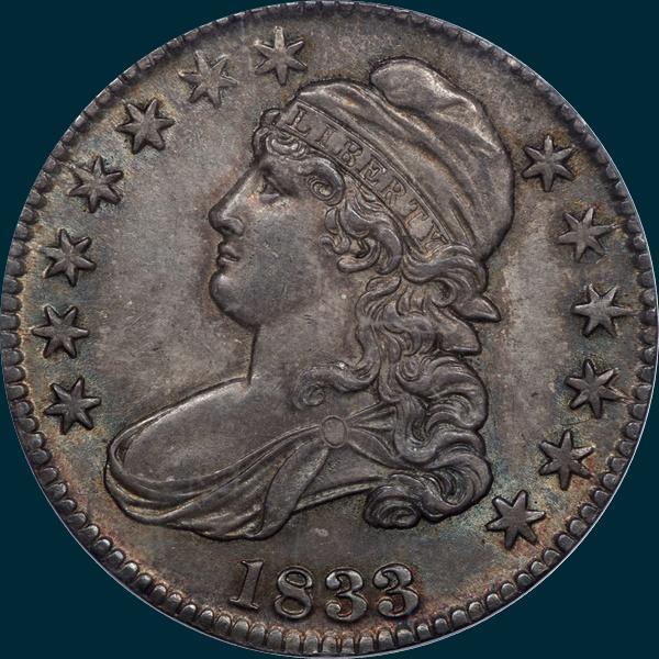 1833 O-110, capped bust half dollar