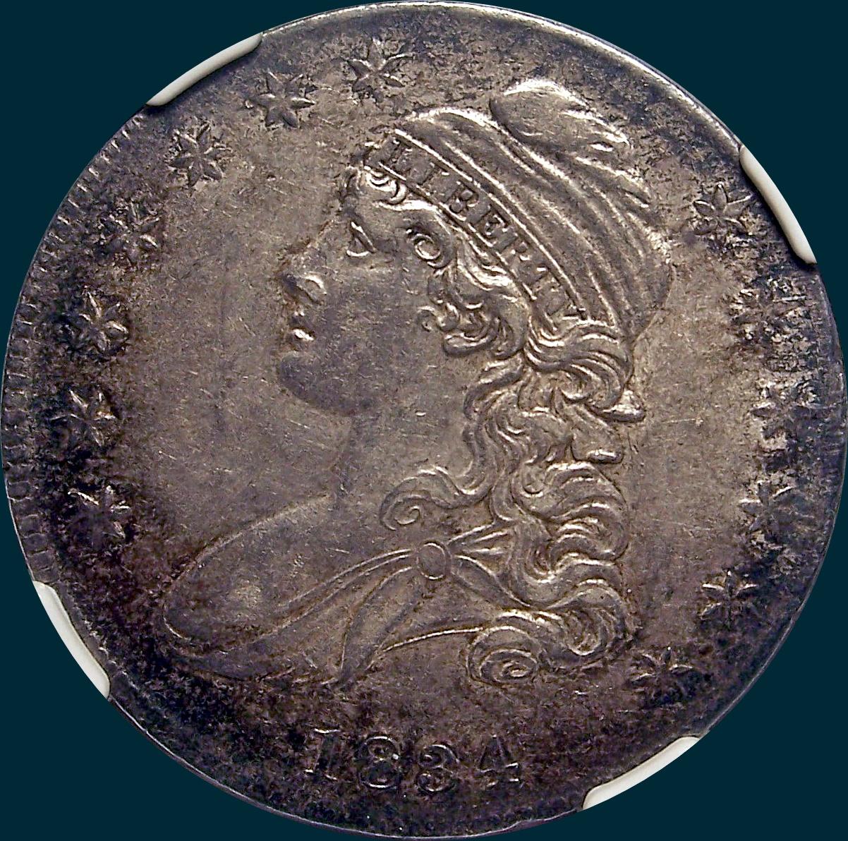 1834 O-117, capped bust half dollar