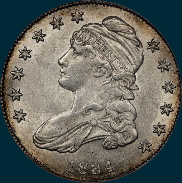 1834 O-118, capped bust half dollar
