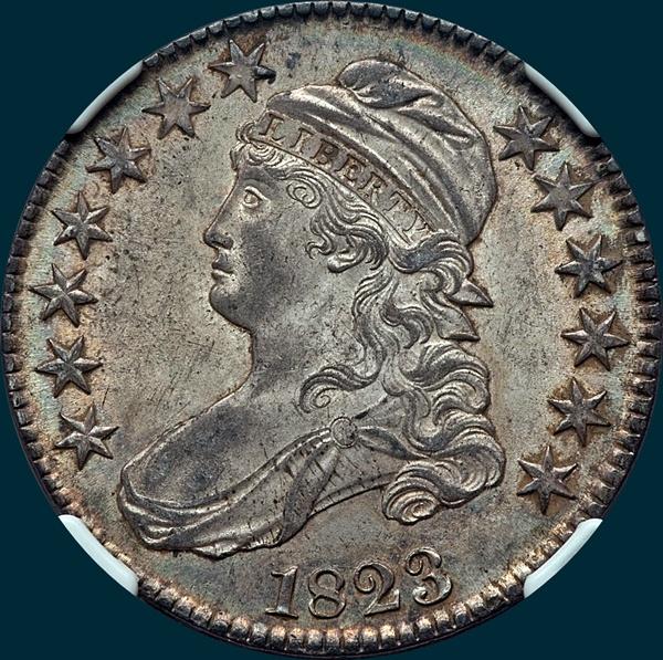 1823 O-106, capped bust, half dollar