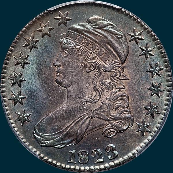 1823, O-110, capped bust, half dollar