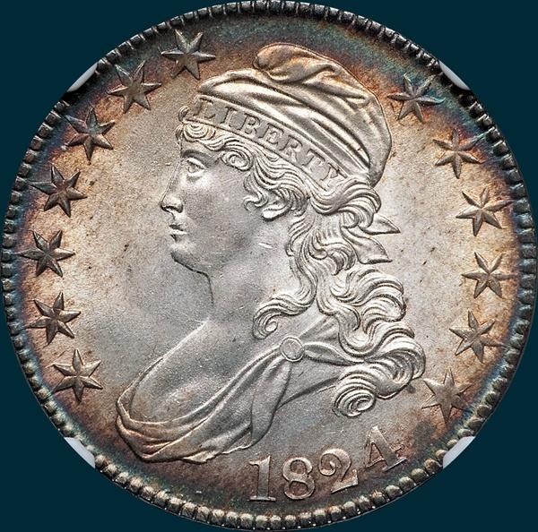 1824 over 4,  O-109, capped bust half dollar