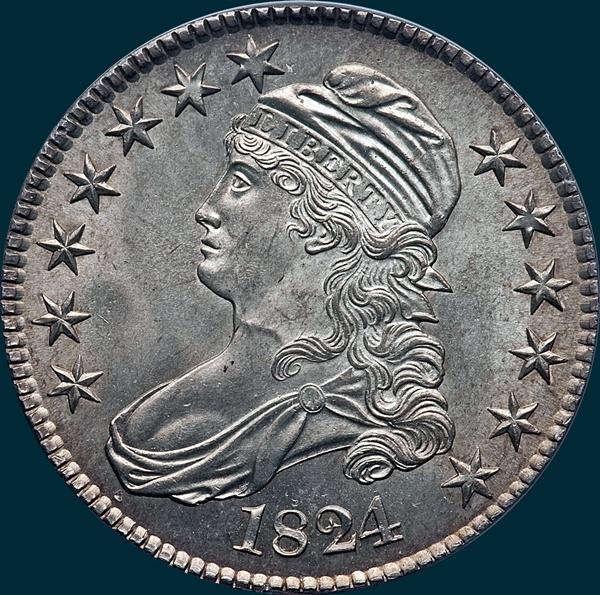 1824 O-113, capped bust half dollar