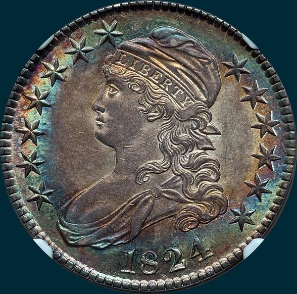 1824 O-116, capped bust half dollar