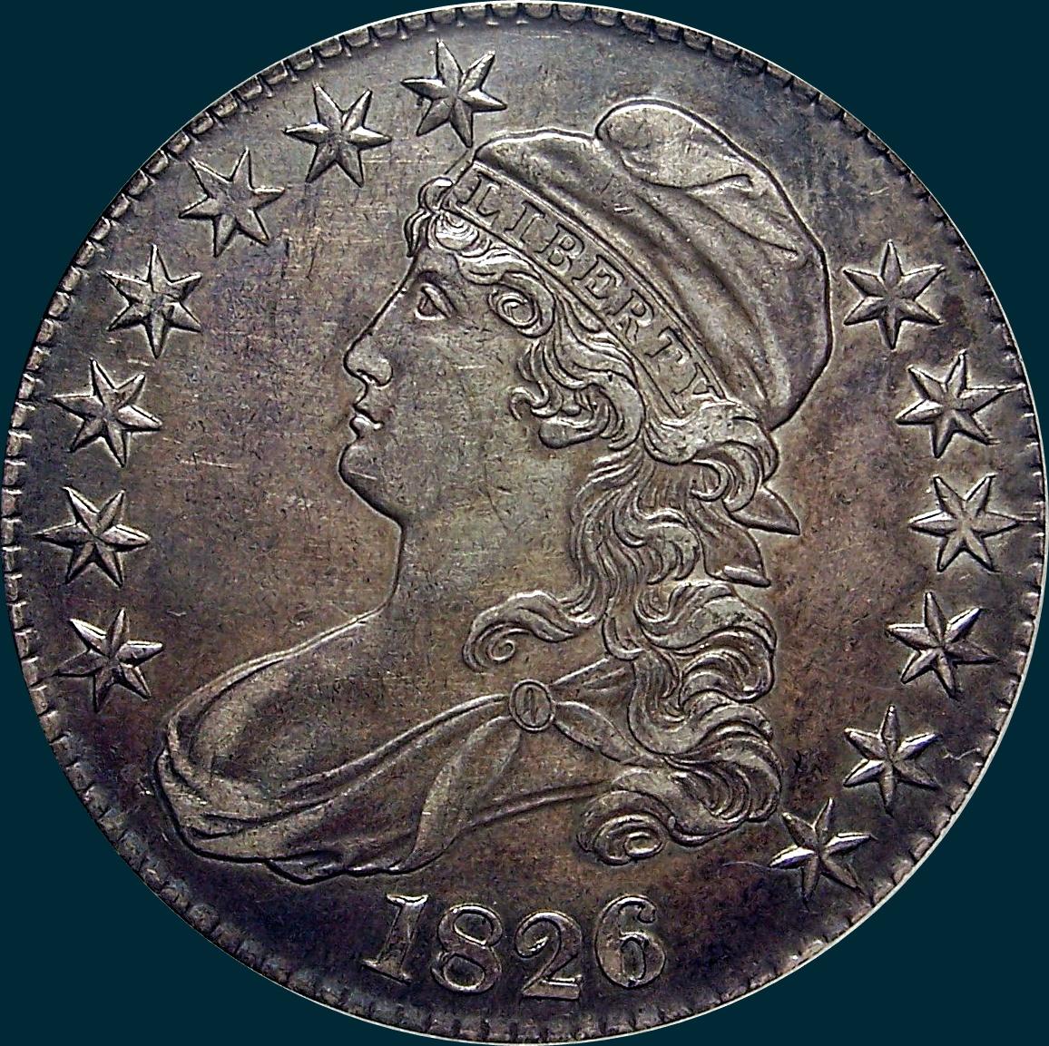 1826 O-102, capped bust half dollar