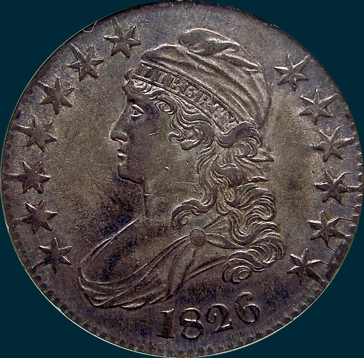 1826 O-117, capped bust half dollar