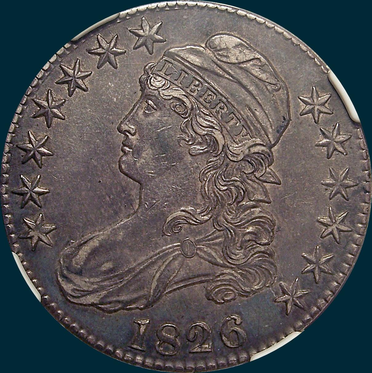 1826 O-119, capped bust half dollar