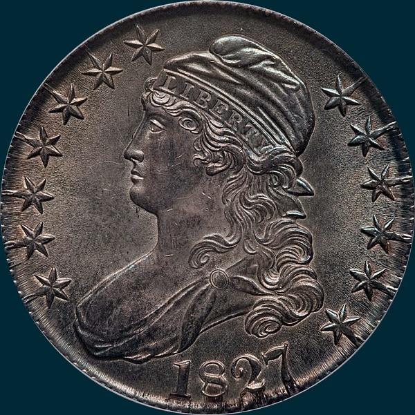 1827, o-147, caped bust, half dollar