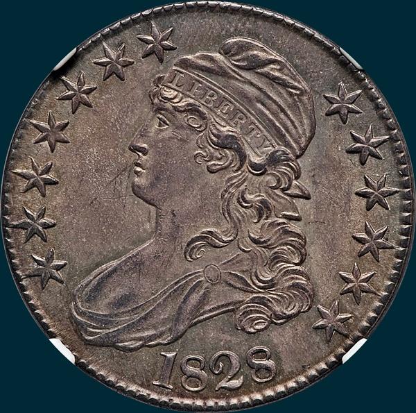 1828 O-102, curl base no knob 2, capped bust half dollar