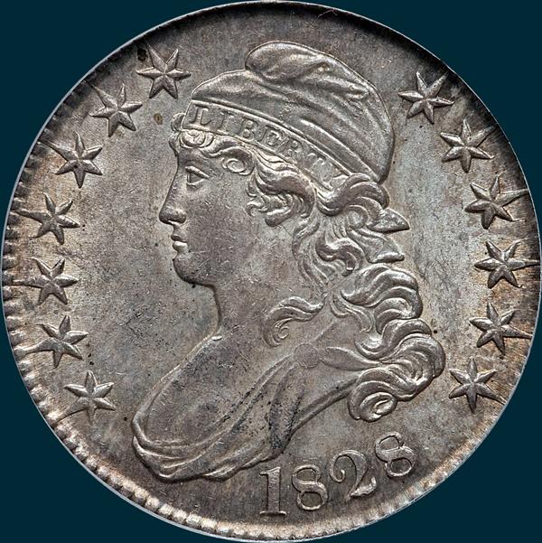 1828 O-105, curl based no knob 2, capped bust half dollar