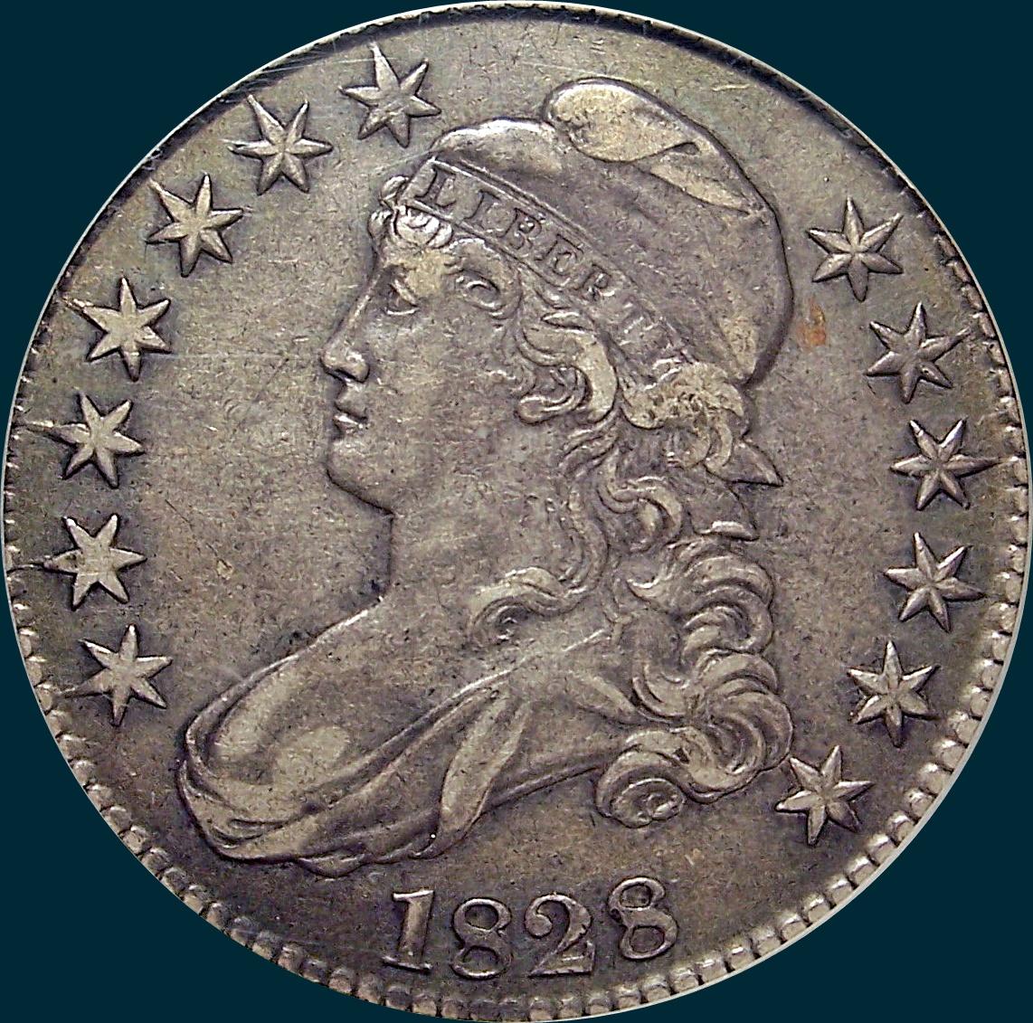 1828 O-111, small 8's large letters, capped bust half dollar