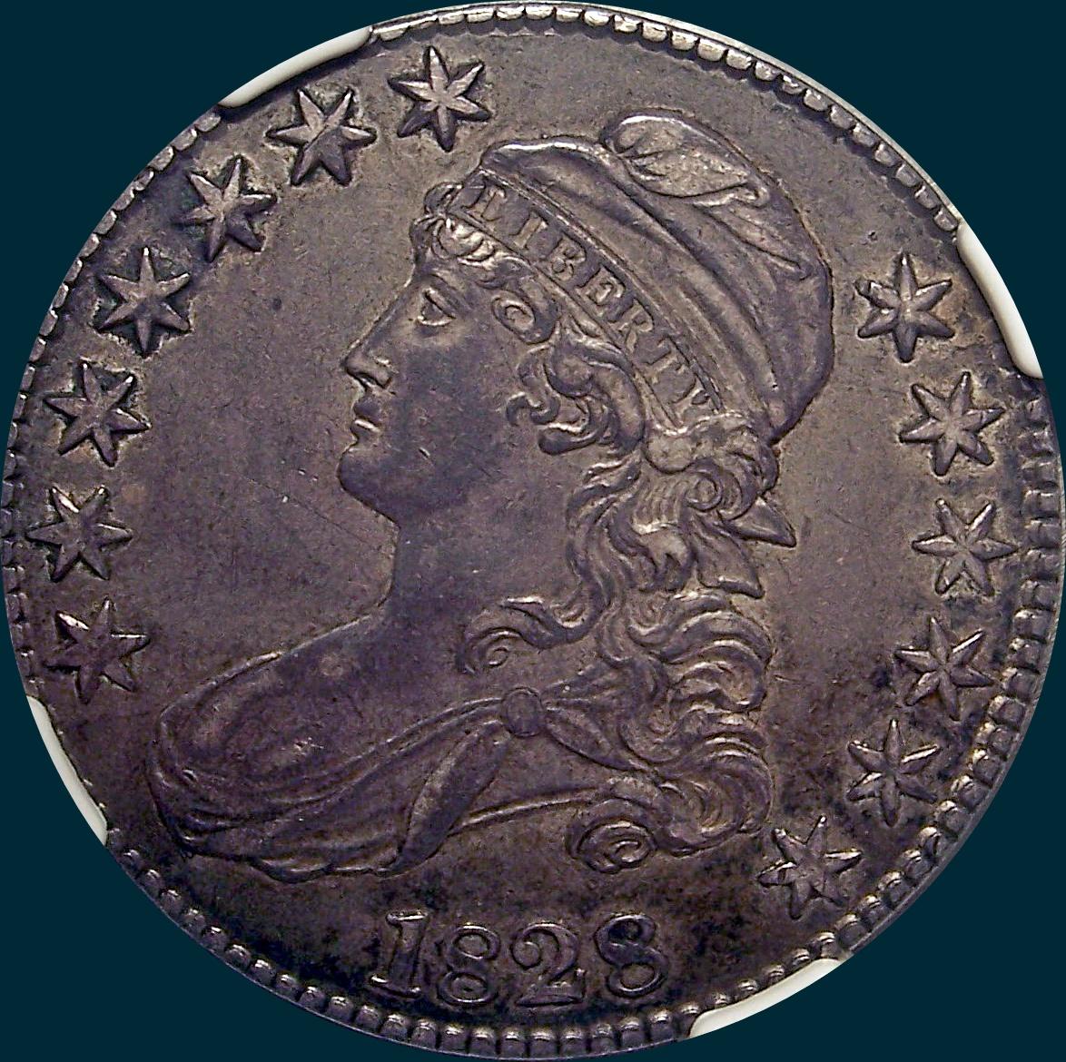 1828 O-117, small 8's large letters, capped bust half dollar