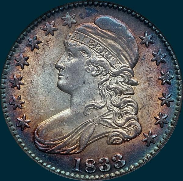 1833 O-105, capped bust half dollar