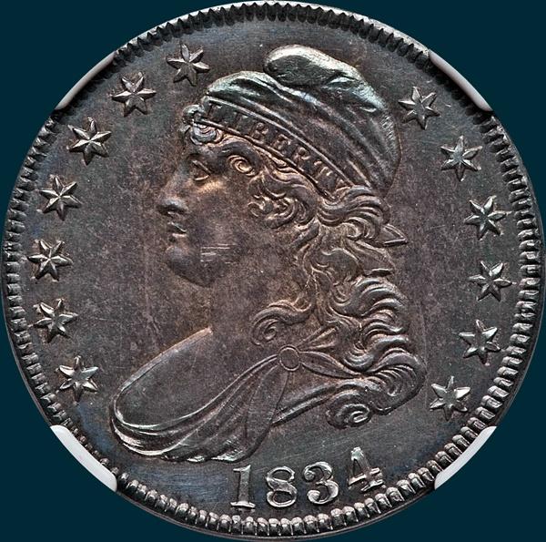 1834 O-104, capped bust half dollar