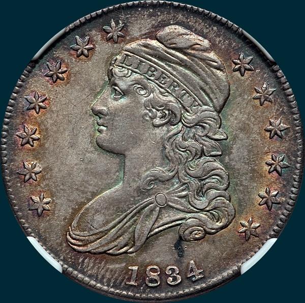 1834 O-112, capped bust half dollar