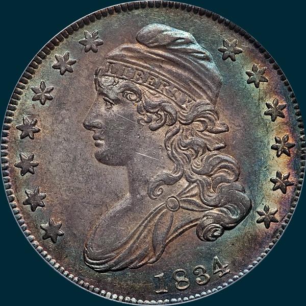 1834 O-121, capped bust half dollar