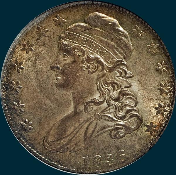 1836 o-105, capped bust half dollar