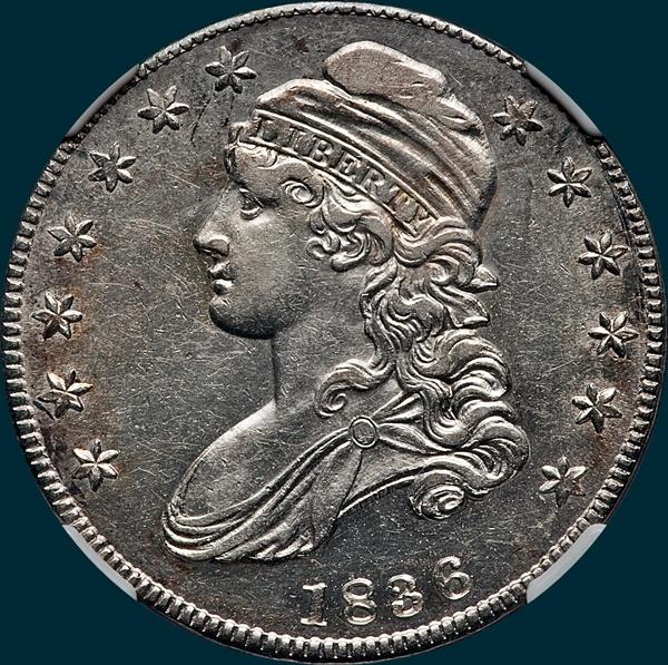 1836 o-121, capped bust, half dollar