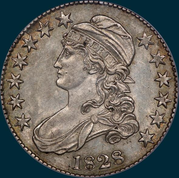 1828 O-123, small 8's large letters, capped bust half dollar