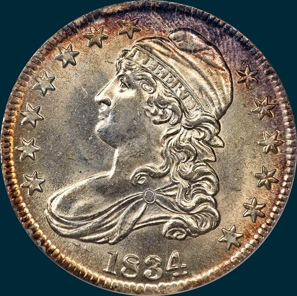 1834 O-107, capped bust half dollar