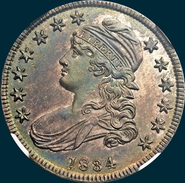 1834 O-109, capped bust half dollar