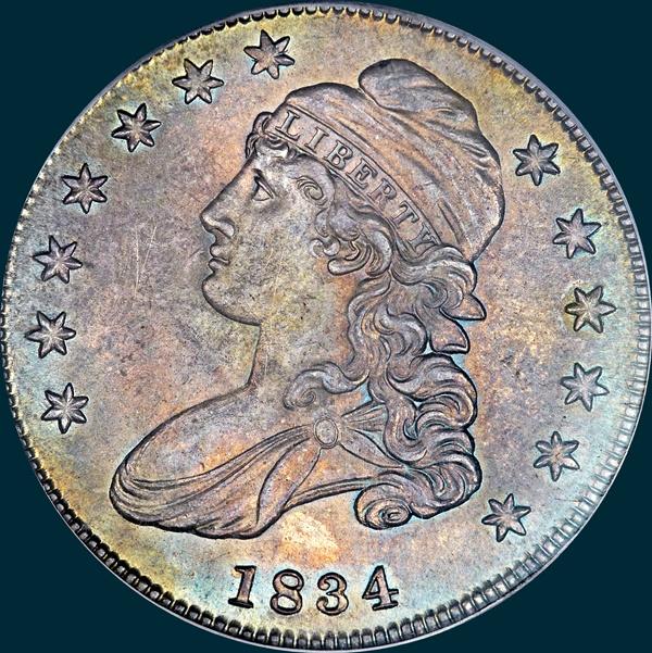 1834 O-115, capped bust half dollar