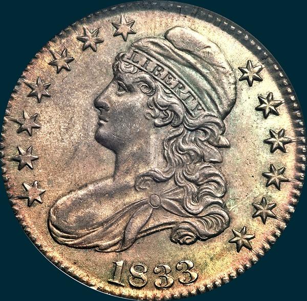 1833 O-107, capped bust half dollar