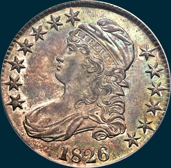 1826 O-104, capped bust half dollar